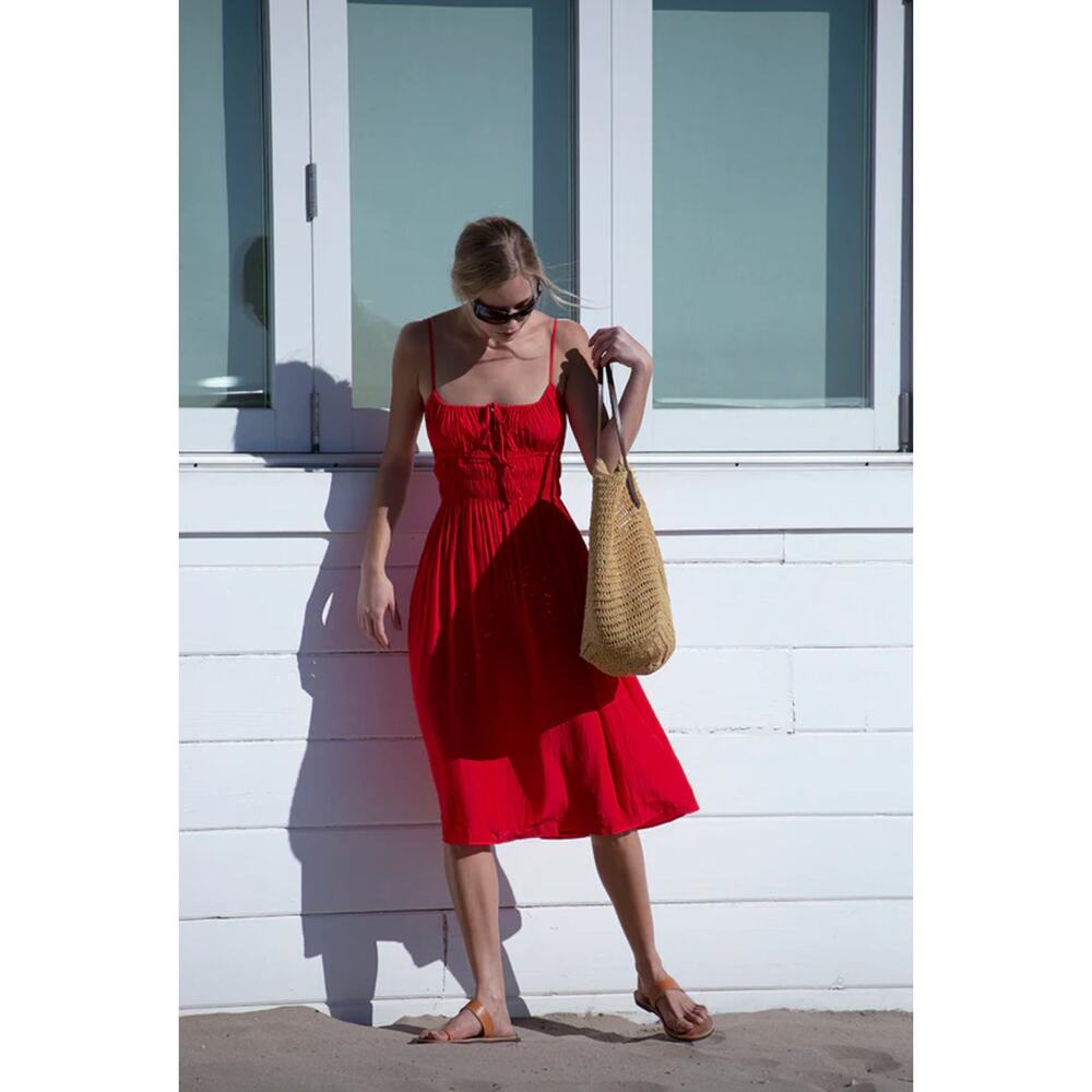 Ciao Lucia Gabriela Chili Red Smocked Flare Cotton Dress Size Medium